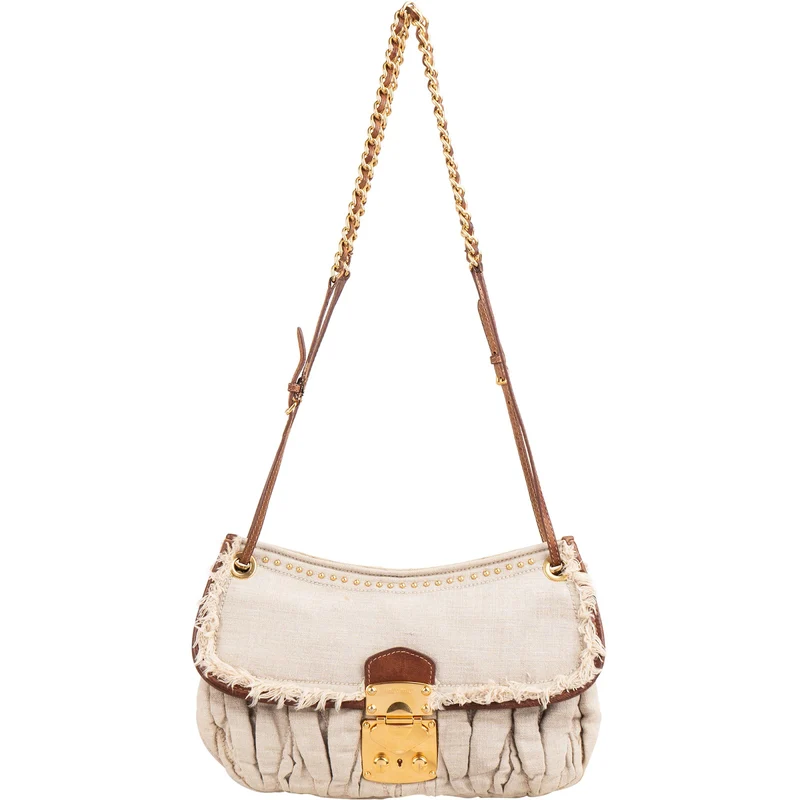 Miu Miu Linen Studded Fringe Small City Coffer Shoulder Crossbody Bag
