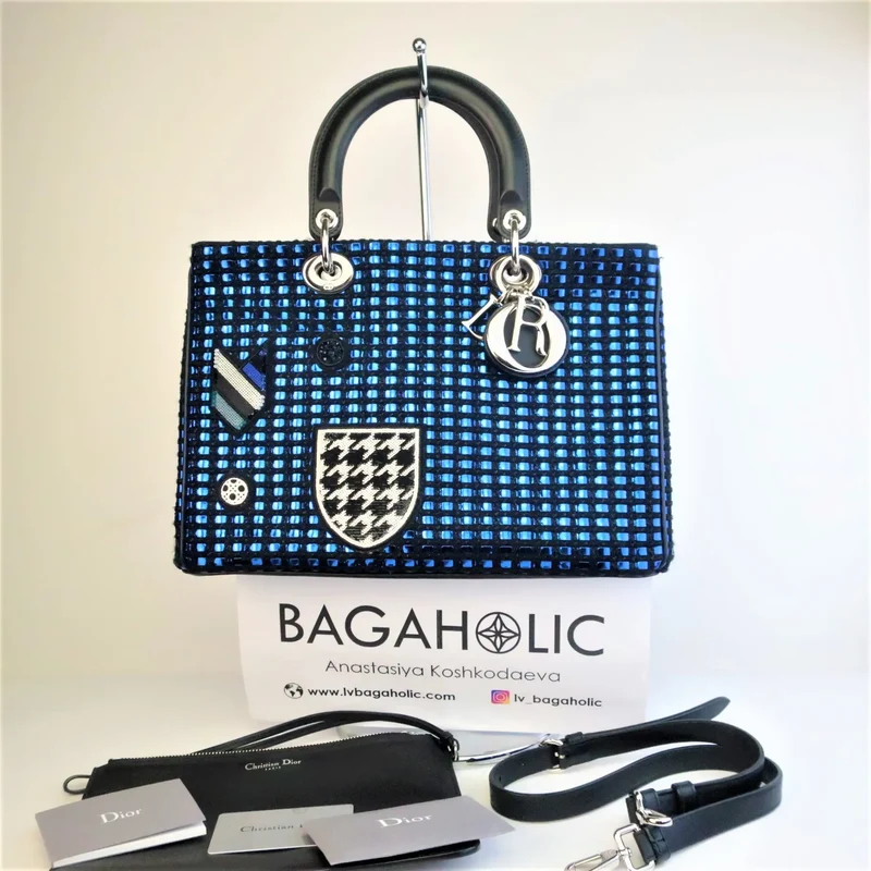 Diorissimo Patch Embellished Metallic Large Blue and Black Tweed Tote Bag