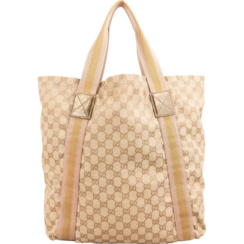 Gucci Monogram GG Canvas Metallic Web Stripe Tote Hobo Handbag