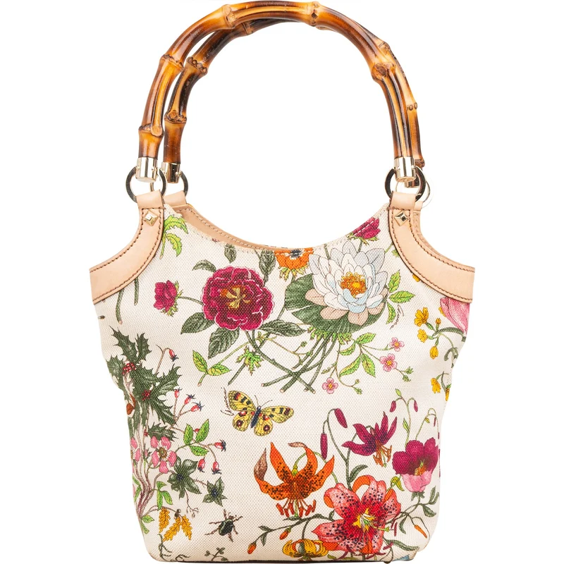 Gucci Floral Print Canvas Bamboo Handle Tote Shoulder Bag
