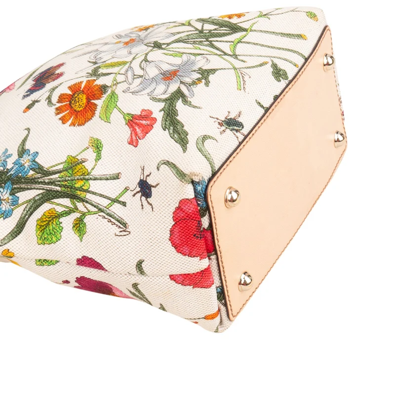 Gucci Floral Print Canvas Bamboo Handle Tote Shoulder Bag