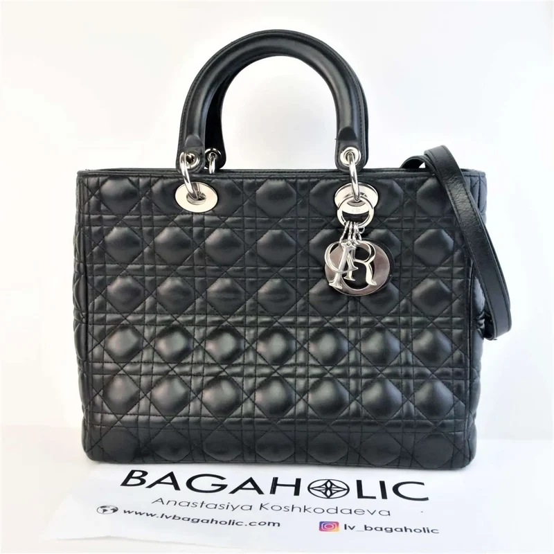 Christian Dior Black Cannage Lambskin Large Lady Dior Shoulder Bag