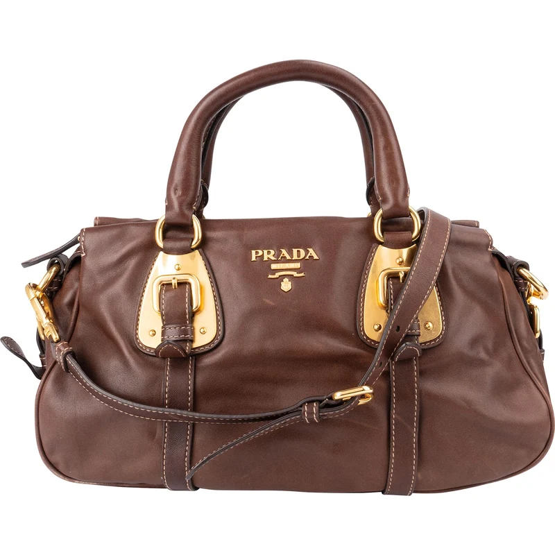 Prada Brown Vitello Daino Bauletto Handbag