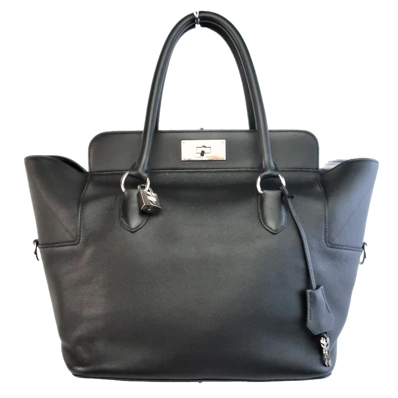 Hermes Black Swift Leather Q Square PHW Toolbox 26 Handbag