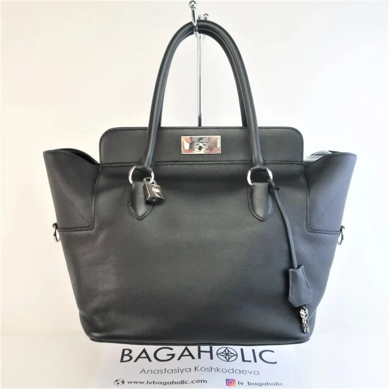 Hermes Black Swift Leather Q Square PHW Toolbox 26 Handbag