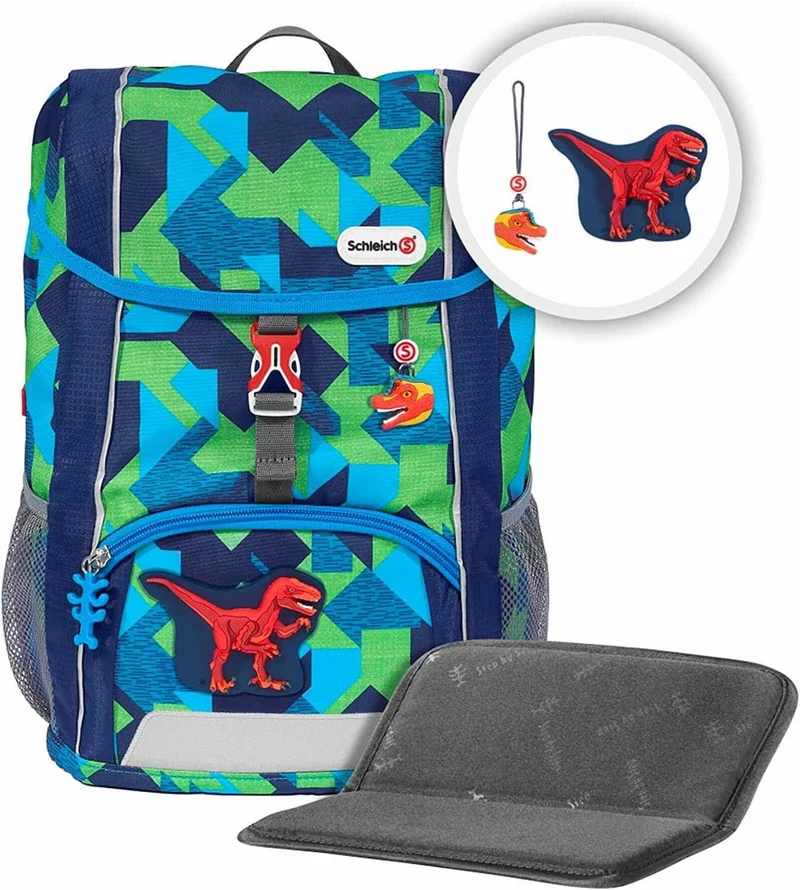 Step by Step Rucksack-Set Kid Schleich® "Velociraptor", blau-grün, mit Sitzkissen, ergonomischer Mini-Ranzen mit abnehmbarem Brustgurt, für Kindergarten, Vorschule und Freizeit, 13 l