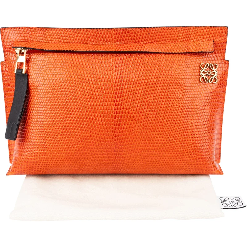 Loewe Orange Lizard-Embossed Leather T Pouch