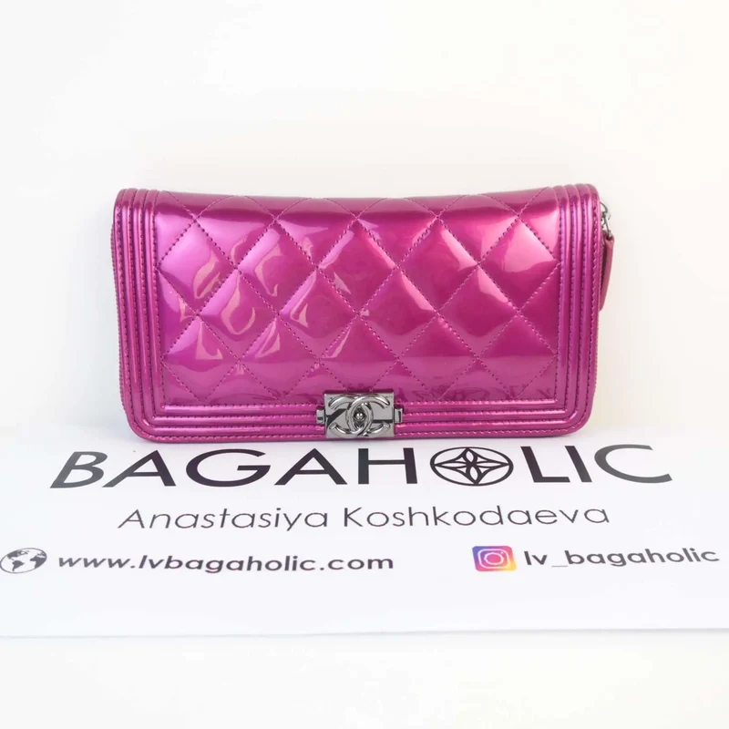 Chanel Boy Patent Leather Fuchsia Long Zipped Wallet