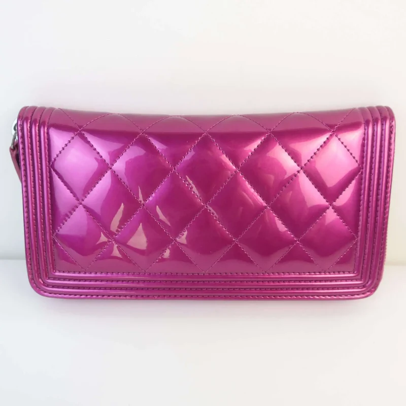 Chanel Boy Patent Leather Fuchsia Long Zipped Wallet