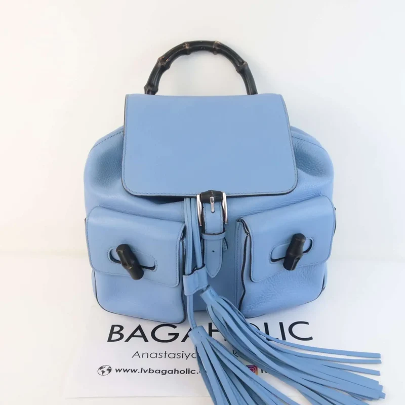 Gucci Calfskin Medium Bamboo Backpack Blue Jeans