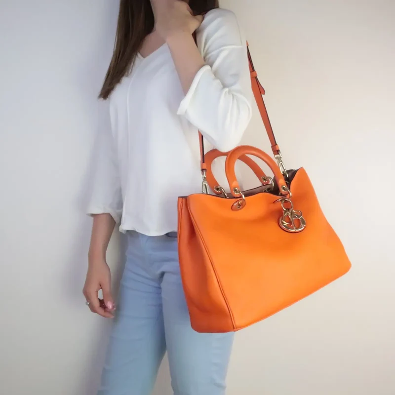 Dior Orange Calfskin Leather Diorissimo Large Tote Bag