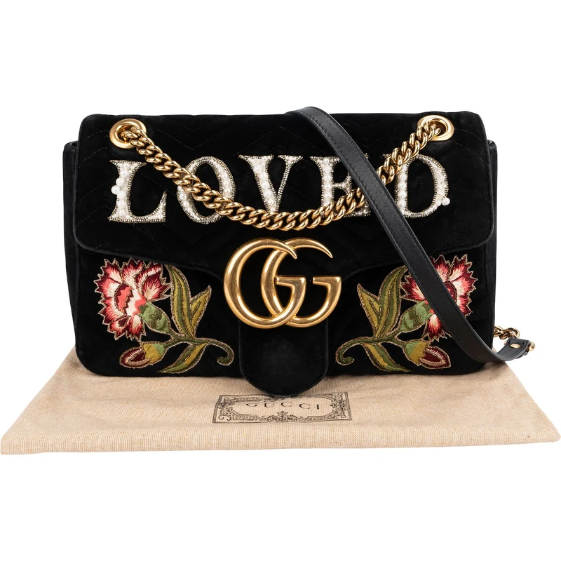 Gucci Monogram Velvet Small GG Marmont 'Loved' Embroidered Shoulder Crossbody Bag