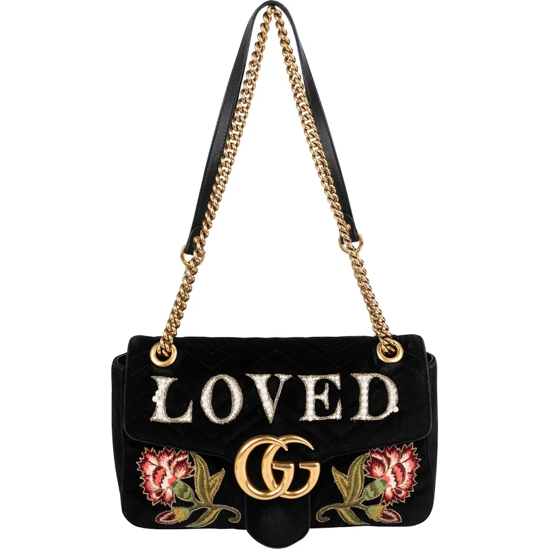 Gucci Monogram Velvet Small GG Marmont 'Loved' Embroidered Shoulder Crossbody Bag