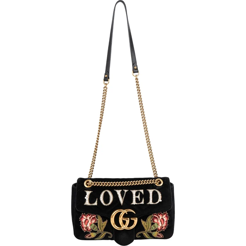 Gucci Monogram Velvet Small GG Marmont 'Loved' Embroidered Shoulder Crossbody Bag