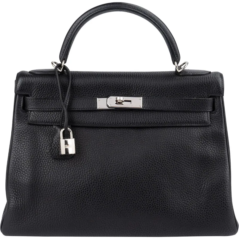 Hermès Noir Clemence Leather Palladium Kelly 32 Handbag