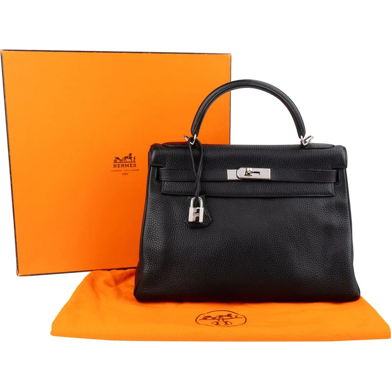 Hermès Noir Clemence Leather Palladium Kelly 32 Handbag