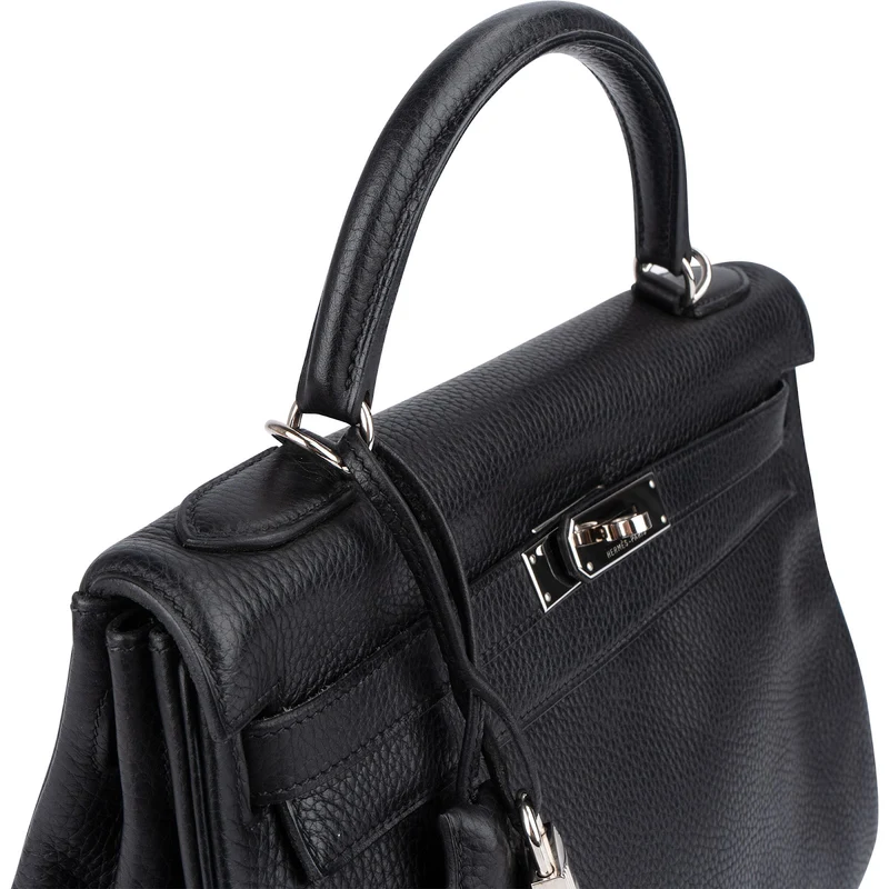 Hermès Noir Clemence Leather Palladium Kelly 32 Handbag