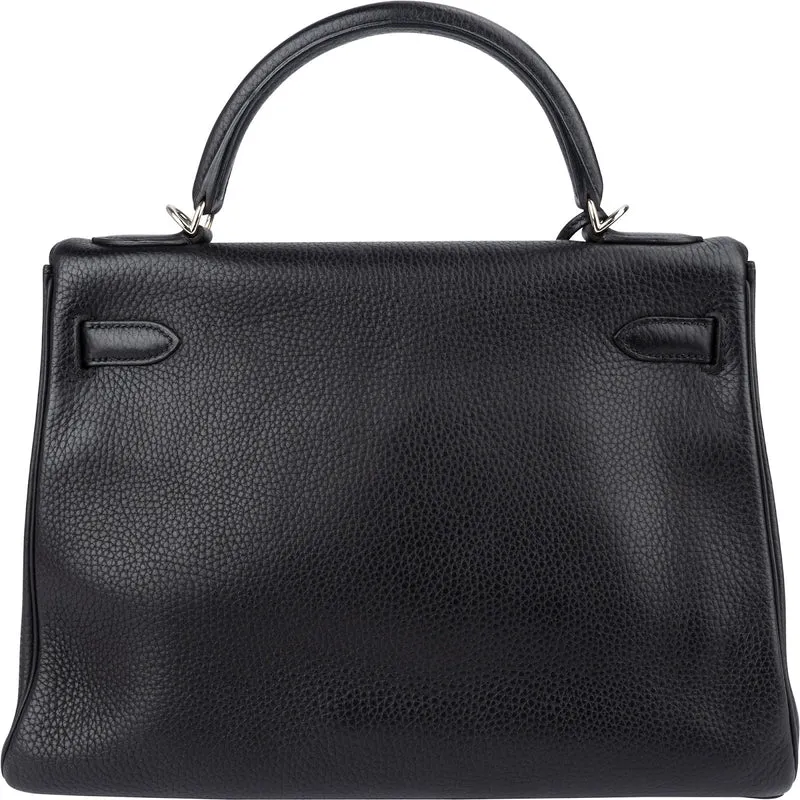 Hermès Noir Clemence Leather Palladium Kelly 32 Handbag