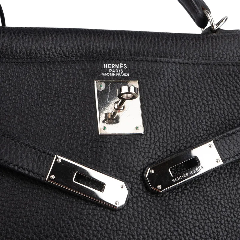 Hermès Noir Clemence Leather Palladium Kelly 32 Handbag
