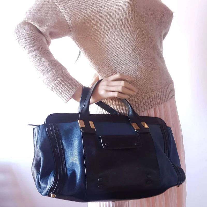 Chloe Blue/Black Leather Medium Alice Satchel Bag