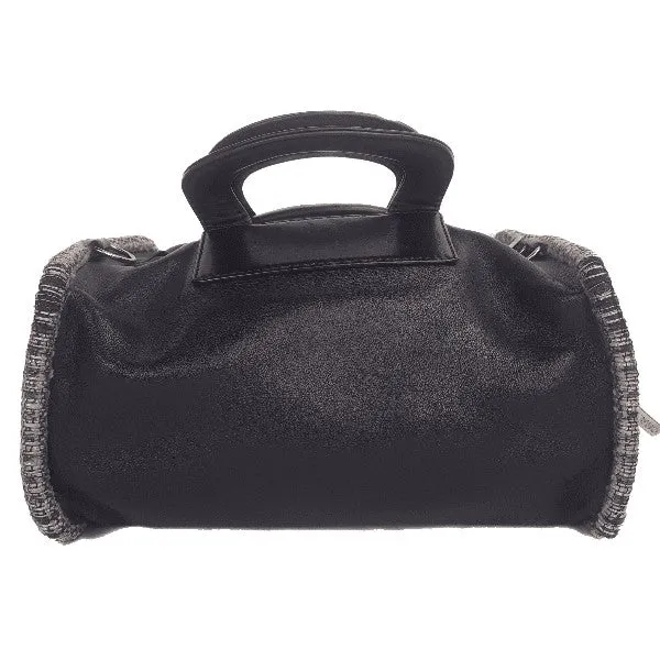 Chanel Vintage Black Leather Bowler Tweed Trim Bag