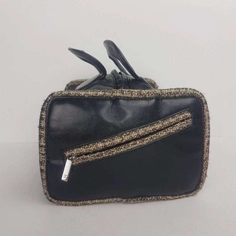 Chanel Vintage Black Leather Bowler Tweed Trim Bag