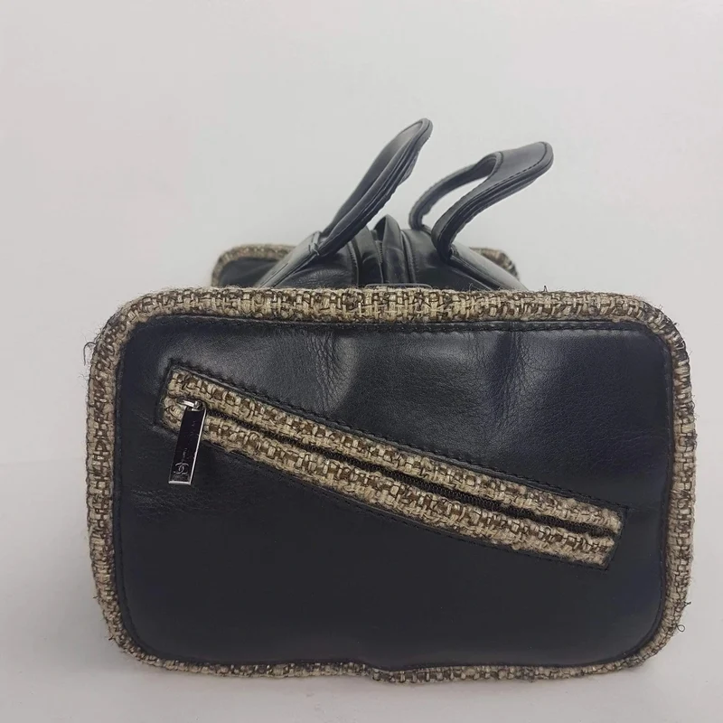 Chanel Vintage Black Leather Bowler Tweed Trim Bag