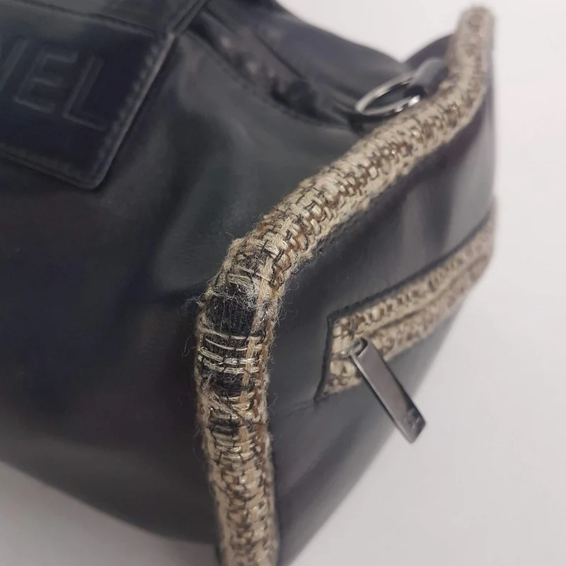 Chanel Vintage Black Leather Bowler Tweed Trim Bag