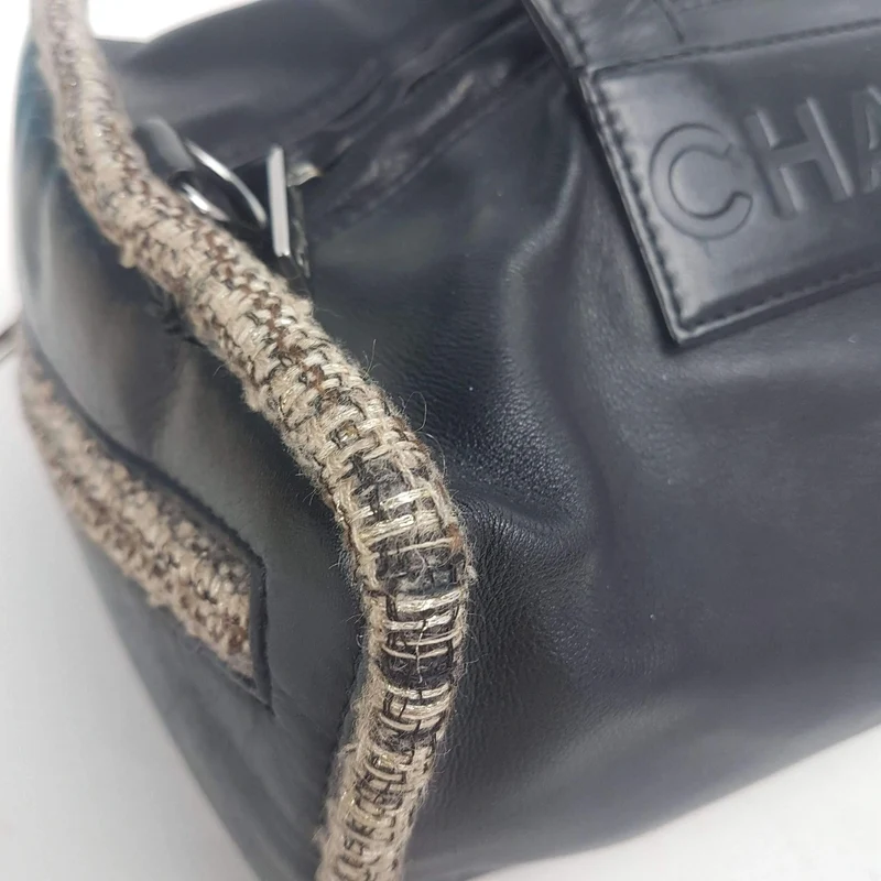 Chanel Vintage Black Leather Bowler Tweed Trim Bag