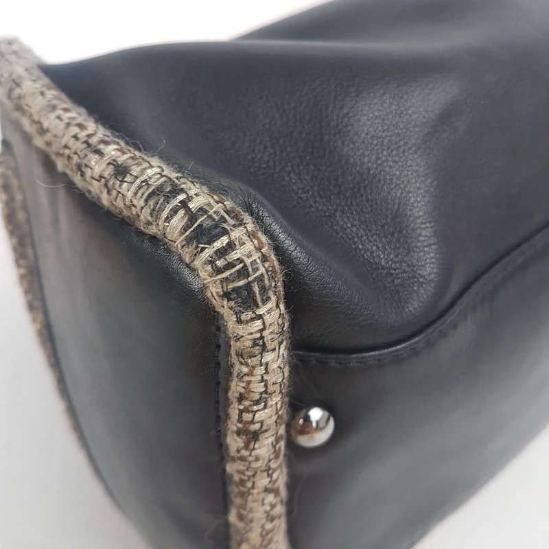Chanel Vintage Black Leather Bowler Tweed Trim Bag