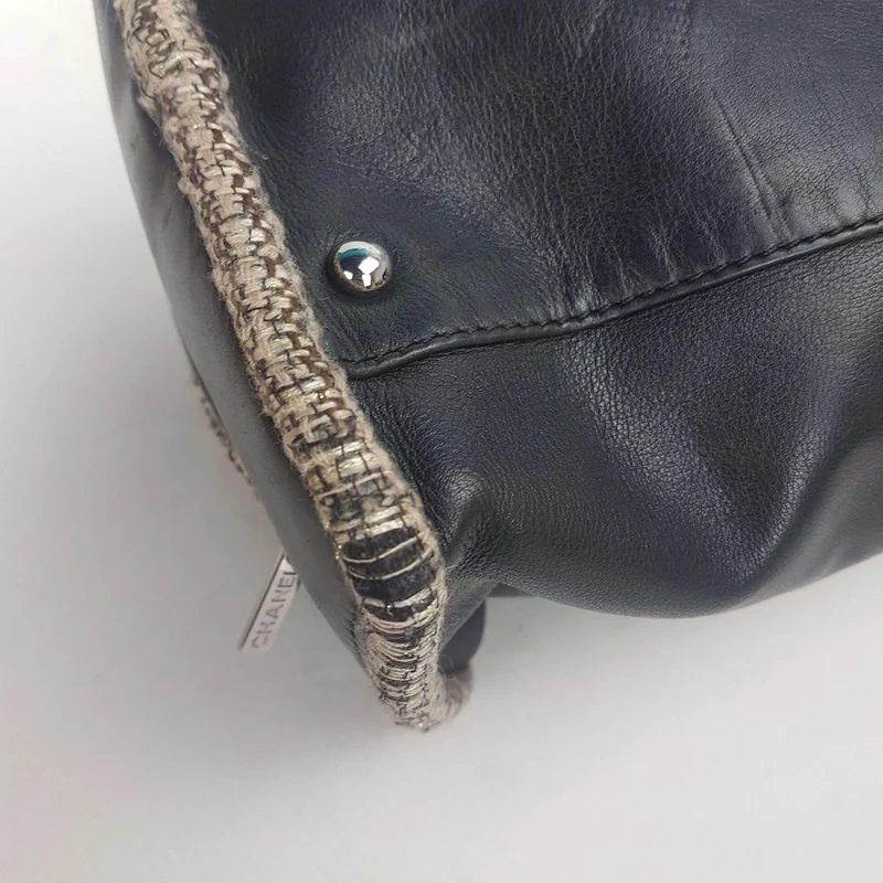 Chanel Vintage Black Leather Bowler Tweed Trim Bag