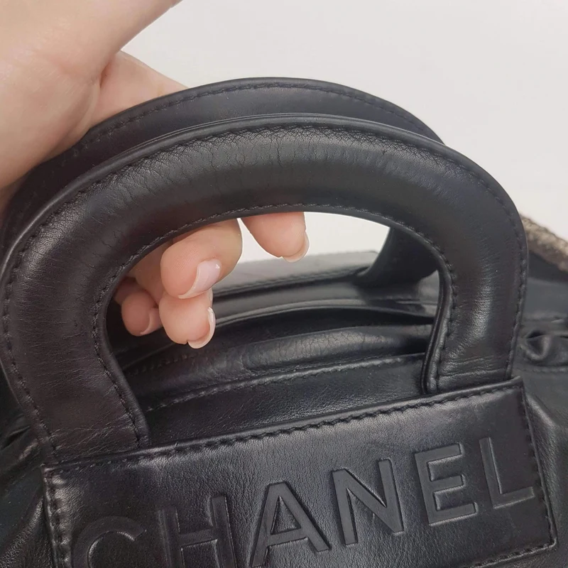 Chanel Vintage Black Leather Bowler Tweed Trim Bag