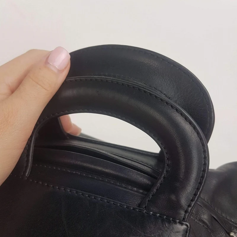 Chanel Vintage Black Leather Bowler Tweed Trim Bag