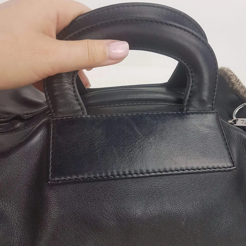 Chanel Vintage Black Leather Bowler Tweed Trim Bag