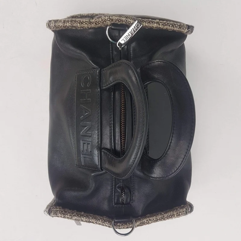 Chanel Vintage Black Leather Bowler Tweed Trim Bag