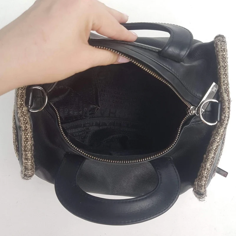 Chanel Vintage Black Leather Bowler Tweed Trim Bag