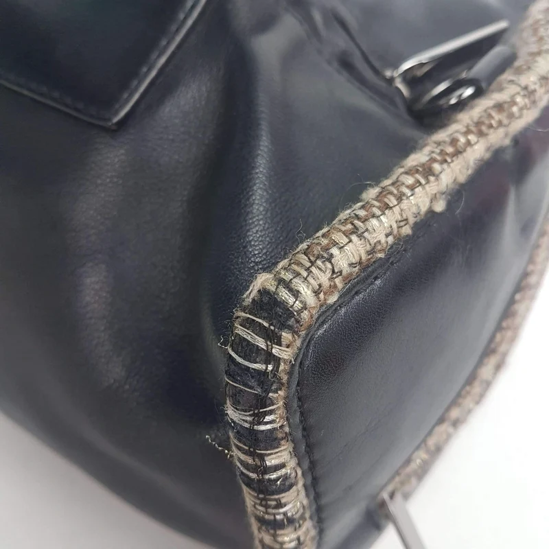 Chanel Vintage Black Leather Bowler Tweed Trim Bag