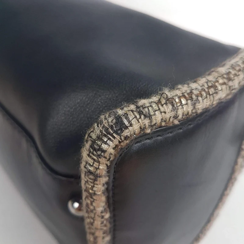 Chanel Vintage Black Leather Bowler Tweed Trim Bag