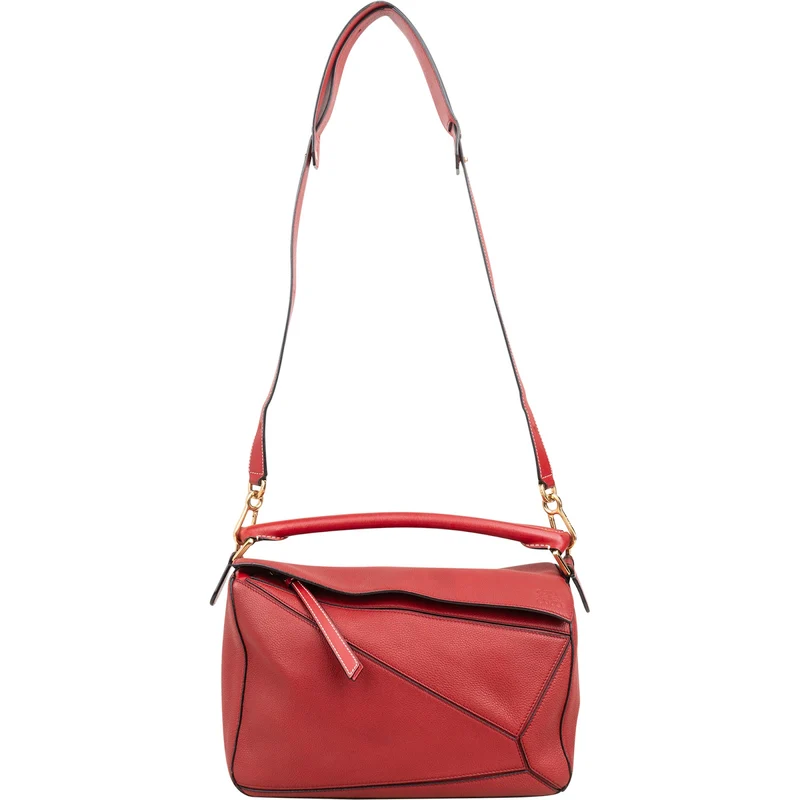 Loewe Red Grained Calfskin Puzzle Crossbody Handbag