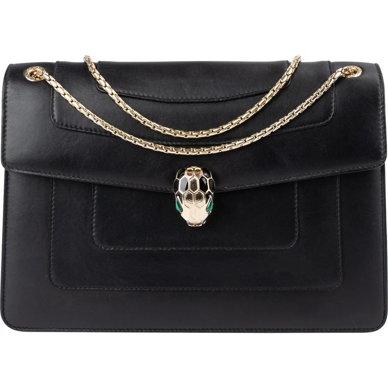 Bvlgari Black Leather Serpenti Forever Flap Shoulder Bag