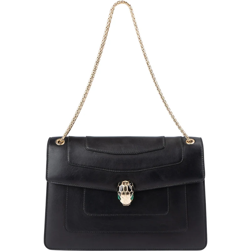Bvlgari Black Leather Serpenti Forever Flap Shoulder Bag
