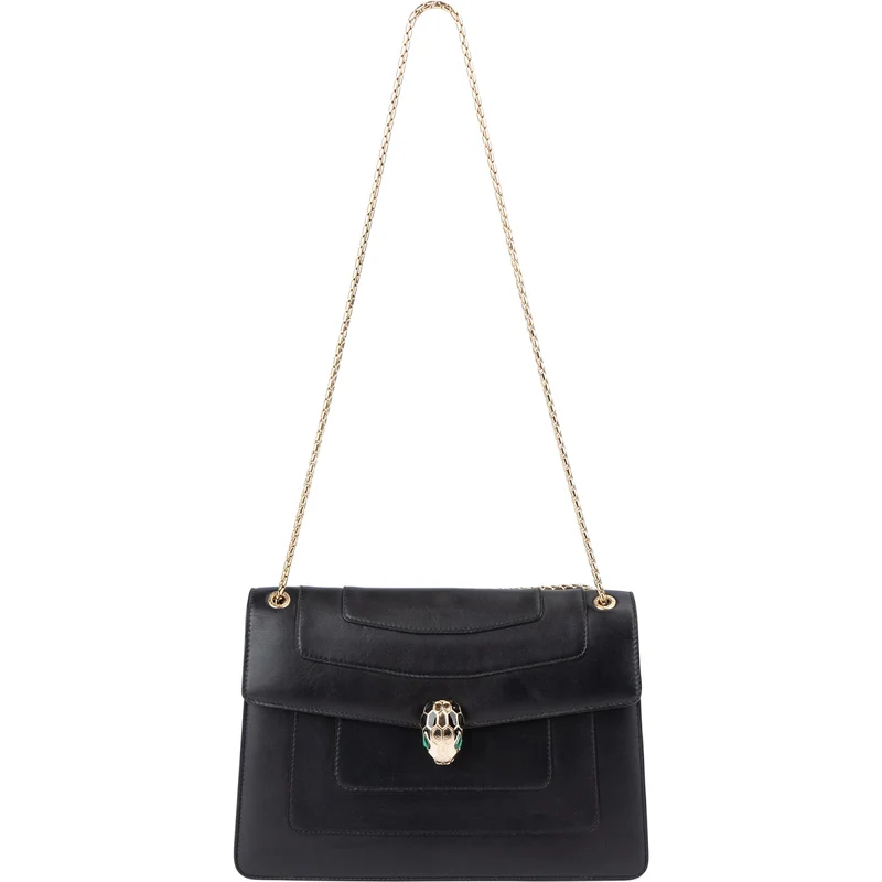 Bvlgari Black Leather Serpenti Forever Flap Shoulder Bag