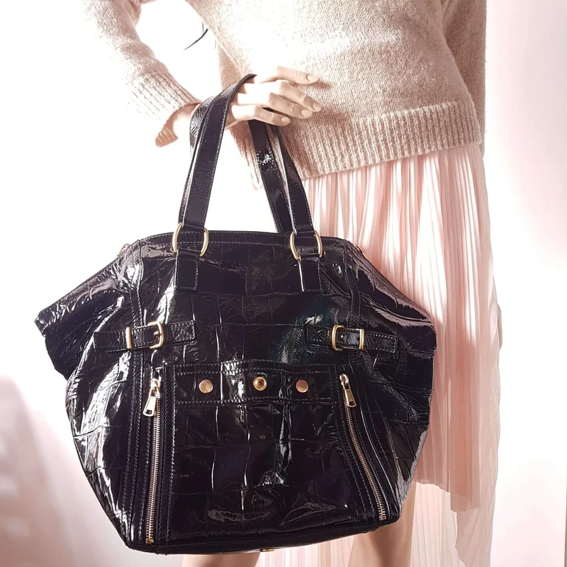 YSL Downtown Croc Embossed Patent Leather Bag
