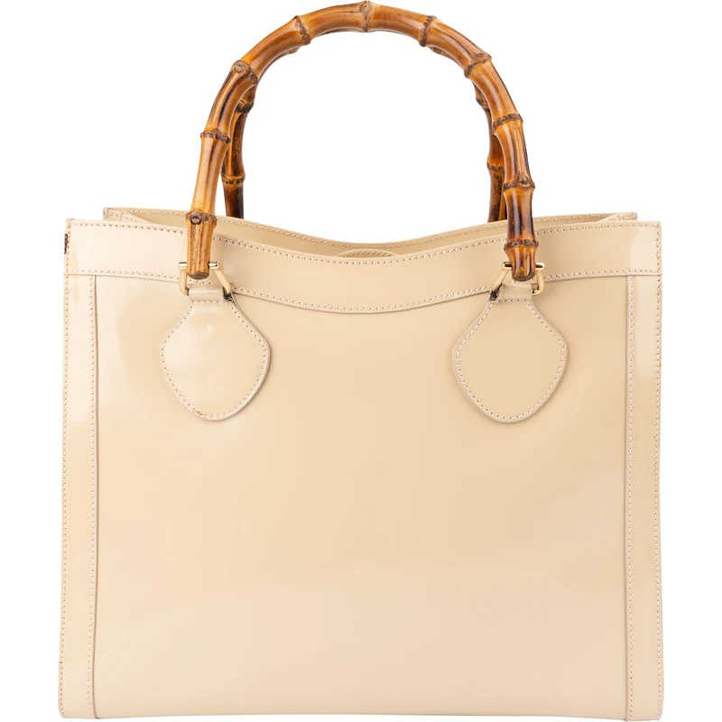 Gucci Beige Patent Leather Bamboo Tote Handbag