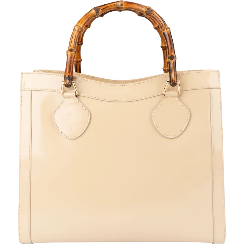 Gucci Beige Patent Leather Bamboo Tote Handbag