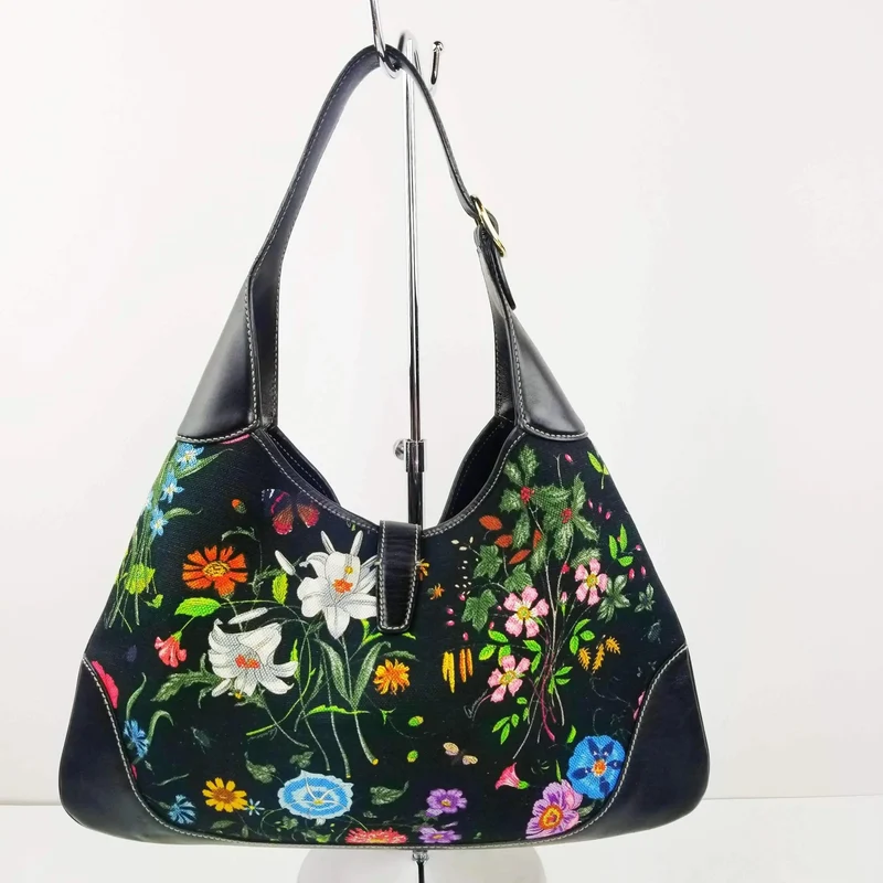 Gucci Flora Bouvier Hobo Medium Black Leather Bag with GHW