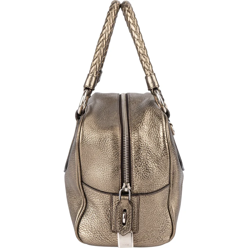 Prada Metallic Pebbled Leather Bauletto Handbag