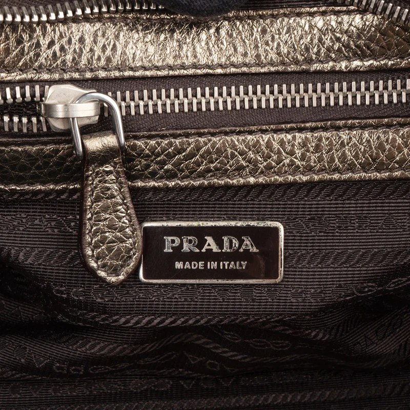 Prada Metallic Pebbled Leather Bauletto Handbag