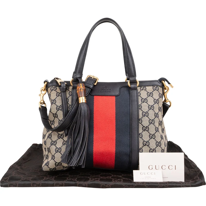 Gucci Monogram Canvas GG Marrakech Web Stripe Bamboo Tassel Crossbody Handbag