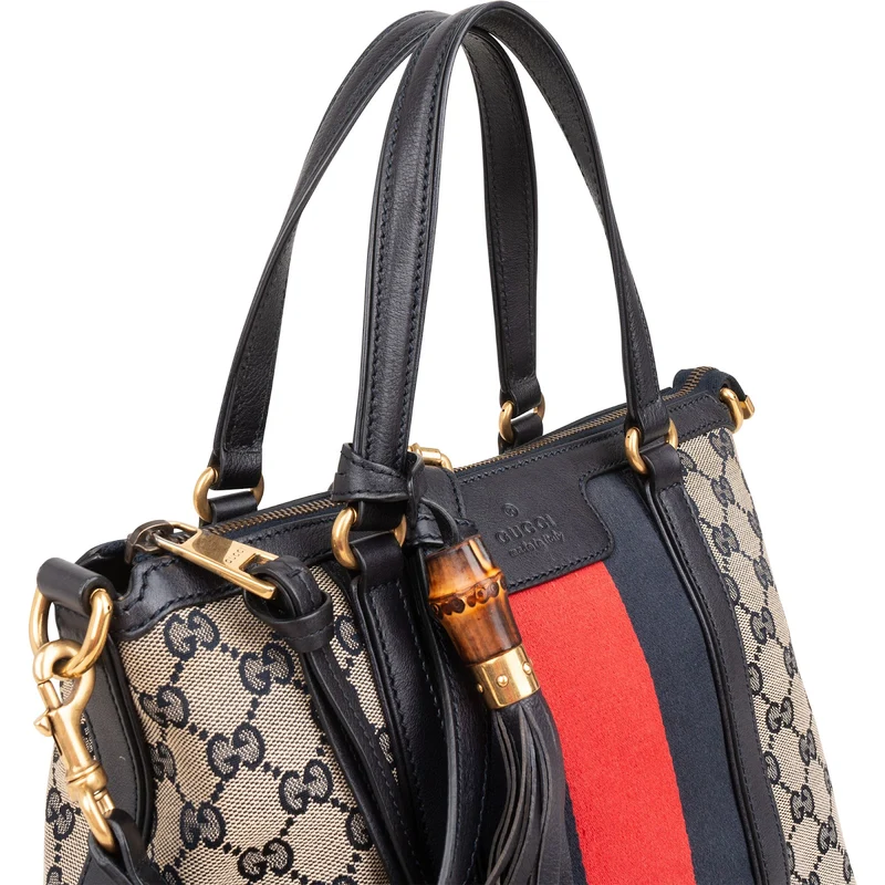 Gucci Monogram Canvas GG Marrakech Web Stripe Bamboo Tassel Crossbody Handbag